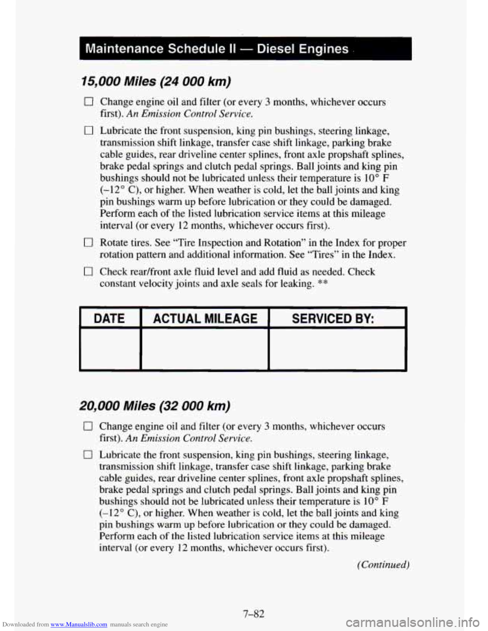 CHEVROLET TAHOE 1995 1.G Owners Manual Downloaded from www.Manualslib.com manuals search engine 1 Maintenance  Schedule II - Diesel  Engines I 
15,000 Miles (24 000 km) 
0 Change engine oil and filter  (or every 3 months, whichever  occurs