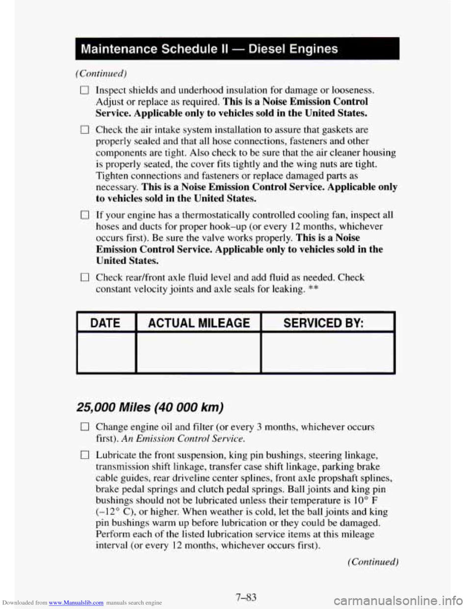 CHEVROLET TAHOE 1995 1.G Owners Manual Downloaded from www.Manualslib.com manuals search engine I Maintenance Schedule II - Diesel Engines I 
0 0 
0 Inspect  shields and underhood insulation  for damage or looseness. 
Adjust  or  replace  