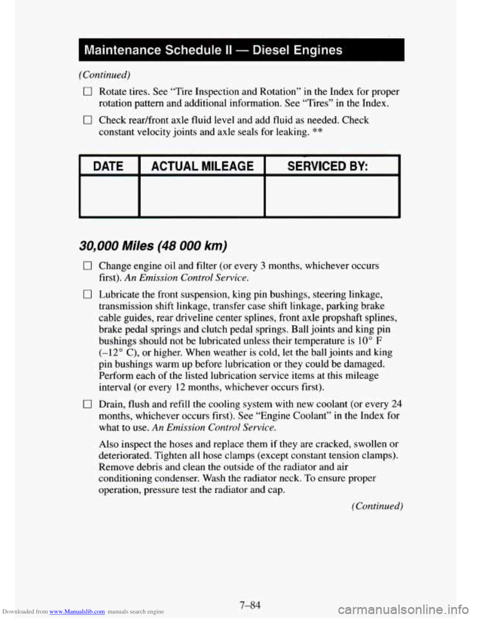 CHEVROLET TAHOE 1995 1.G Owners Manual Downloaded from www.Manualslib.com manuals search engine (Continued) 
0 Rotate tires. See “Tire Inspection and  Rotation’’  in the Index for  proper 
rotation pattern and additional information.