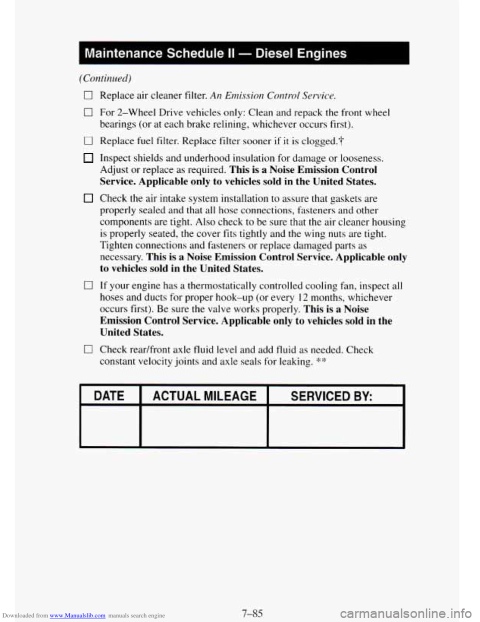 CHEVROLET TAHOE 1995 1.G Owners Manual Downloaded from www.Manualslib.com manuals search engine 0 For 2-Wheel  Drive vehicles  only: Clean and repack the front wheel 
bearings  (or at each brake  relining, whichever  occurs  first). 
0 Rep