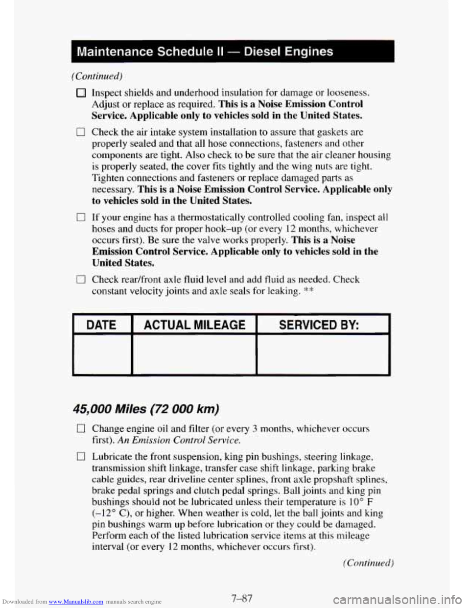 CHEVROLET TAHOE 1995 1.G Owners Manual Downloaded from www.Manualslib.com manuals search engine I Maintenance  Schedule II - Diesel  Engines 
(Continued) 
0 
0 
0 
Inspect  shields and underhood  insulation  for damage or  looseness. 
Adju
