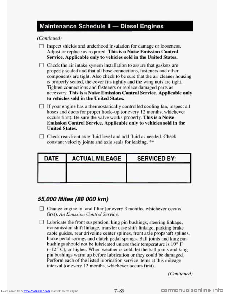 CHEVROLET TAHOE 1995 1.G Owners Manual Downloaded from www.Manualslib.com manuals search engine 1 Maintenance  Schedule II - Diesel  Engines I 
(Continued) 
0 Inspect shields and underhood  insulation  for damage  or  looseness. 
Adjust  o