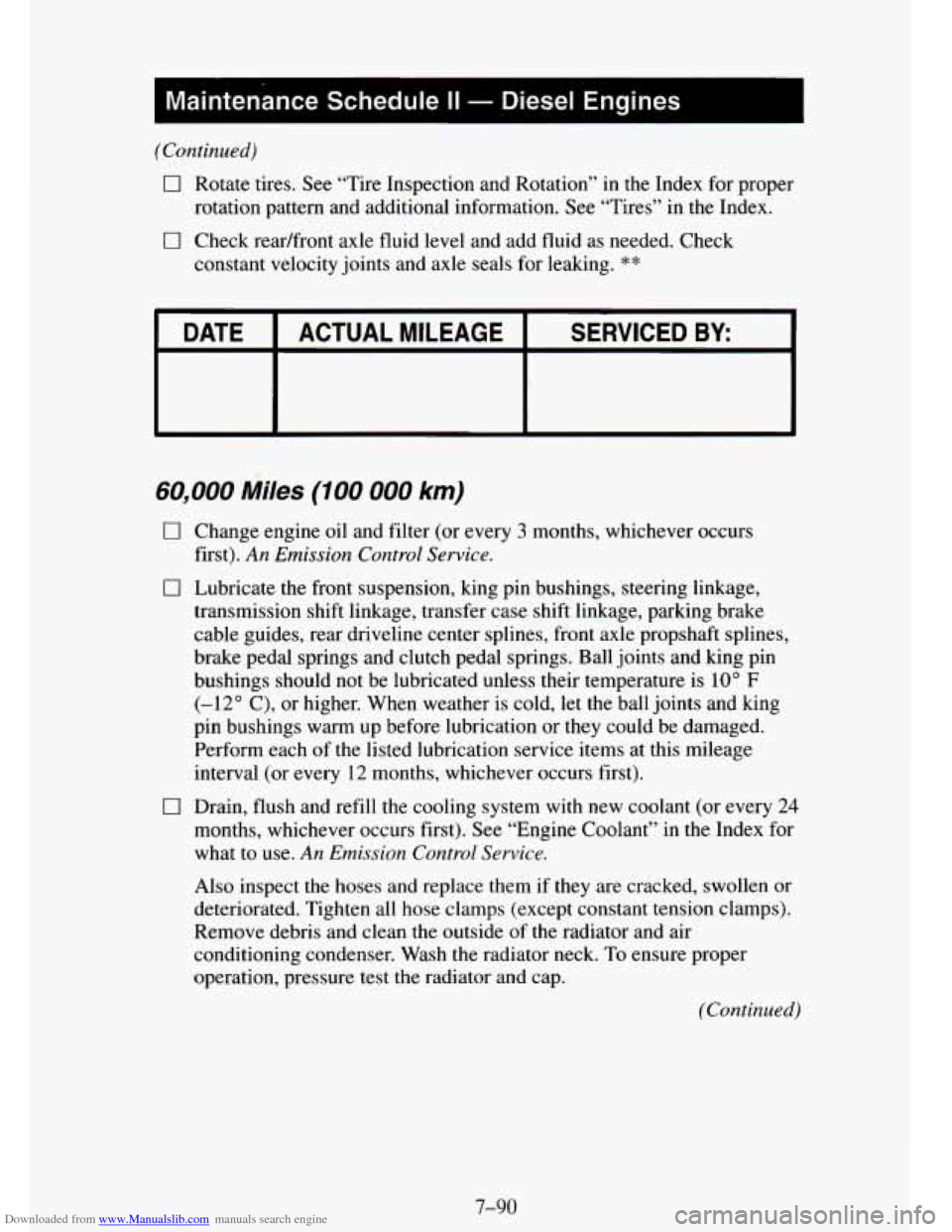 CHEVROLET TAHOE 1995 1.G Owners Manual Downloaded from www.Manualslib.com manuals search engine (Continued) 
0 Rotate tires. See “Tire Inspection  and Rotation” in the Index  for proper 
rotation pattern and additional information.  Se