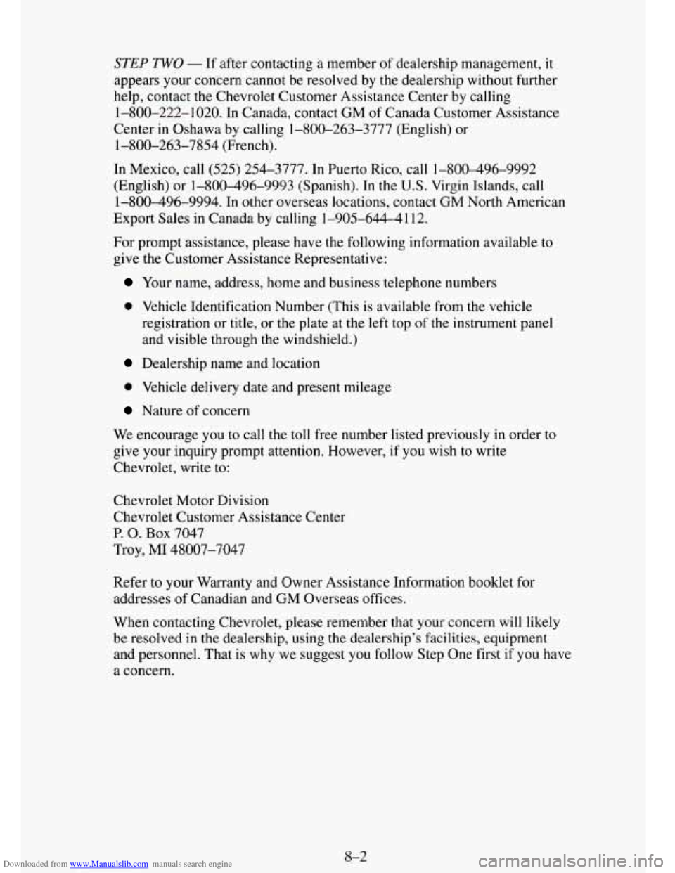 CHEVROLET TAHOE 1995 1.G Owners Manual Downloaded from www.Manualslib.com manuals search engine STEP TWO - If after  contacting  a  member of dealership  management, it 
appears your concern  cannot be resolved  by the  dealership  without
