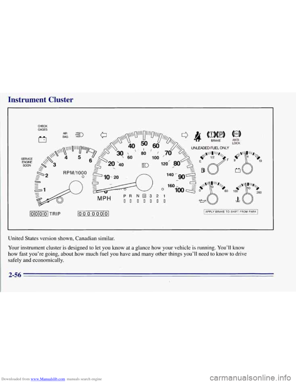 CHEVROLET TAHOE 1996 1.G Owners Manual Downloaded from www.Manualslib.com manuals search engine Instrument  Cluster 
CHECK GAGES 
SWCE ENGINE SOON 
ANTI - LOCK 
n 
lolololol TRIP 
W 
MPH 
loo 0 0 oolol [APPLY  BRAKE TO SHIFT FROM PARK I 
U