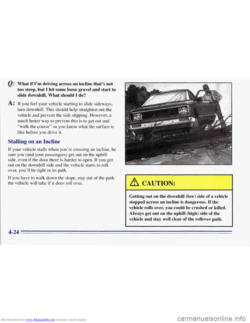 CHEVROLET TAHOE 1996 1.G Owners Manual Downloaded from www.Manualslib.com manuals search engine turn downhill.  This  should help straighten out the 
vehicle and prevent  the side  slipping. However,  a 
much better  way to prevent this 
i