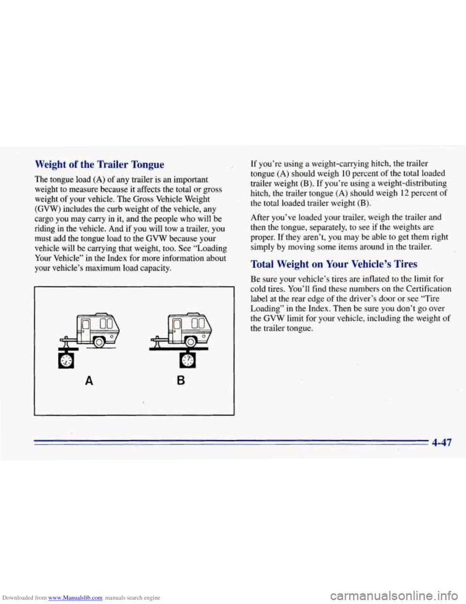 CHEVROLET TAHOE 1996 1.G Owners Manual Downloaded from www.Manualslib.com manuals search engine Weight of the  Trailer  Tongue 
The  tongue  load  (A)  of  any  trailer is  an  important. 
weight  to  measure  because 
it affects  the  tot