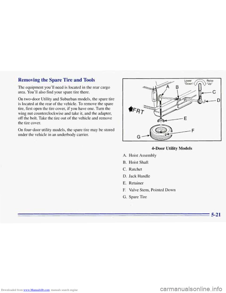 CHEVROLET TAHOE 1996 1.G Owners Manual Downloaded from www.Manualslib.com manuals search engine Removing  the  Spare  Tire and Tools 
The equipment  you’ll  need  is located  in the rear  cargo 
area.  You’ll  also find your  spare  ti