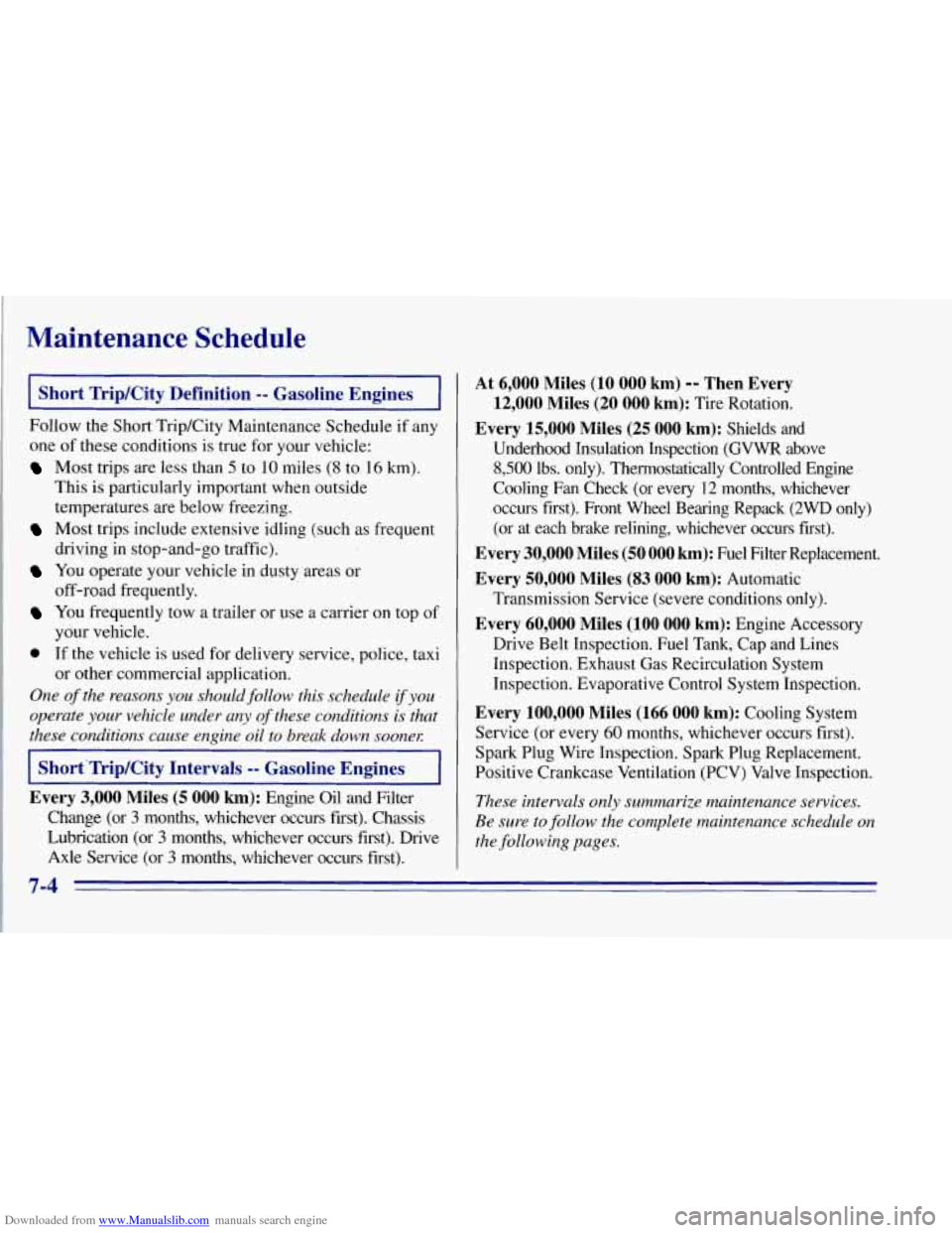 CHEVROLET TAHOE 1996 1.G Owners Manual Downloaded from www.Manualslib.com manuals search engine Maintenance Schedule
Short Trip/City Definition -- Gasoline Engines
Follow the Short TripKity Maintenance Schedule if any
one of these CHEVROLET TAHOE 1996 1.G Owners Manual Downloaded from www.Manualslib.com manuals search engine Maintenance Schedule
Short Trip/City Definition -- Gasoline Engines
Follow the Short TripKity Maintenance Schedule if any
one of these