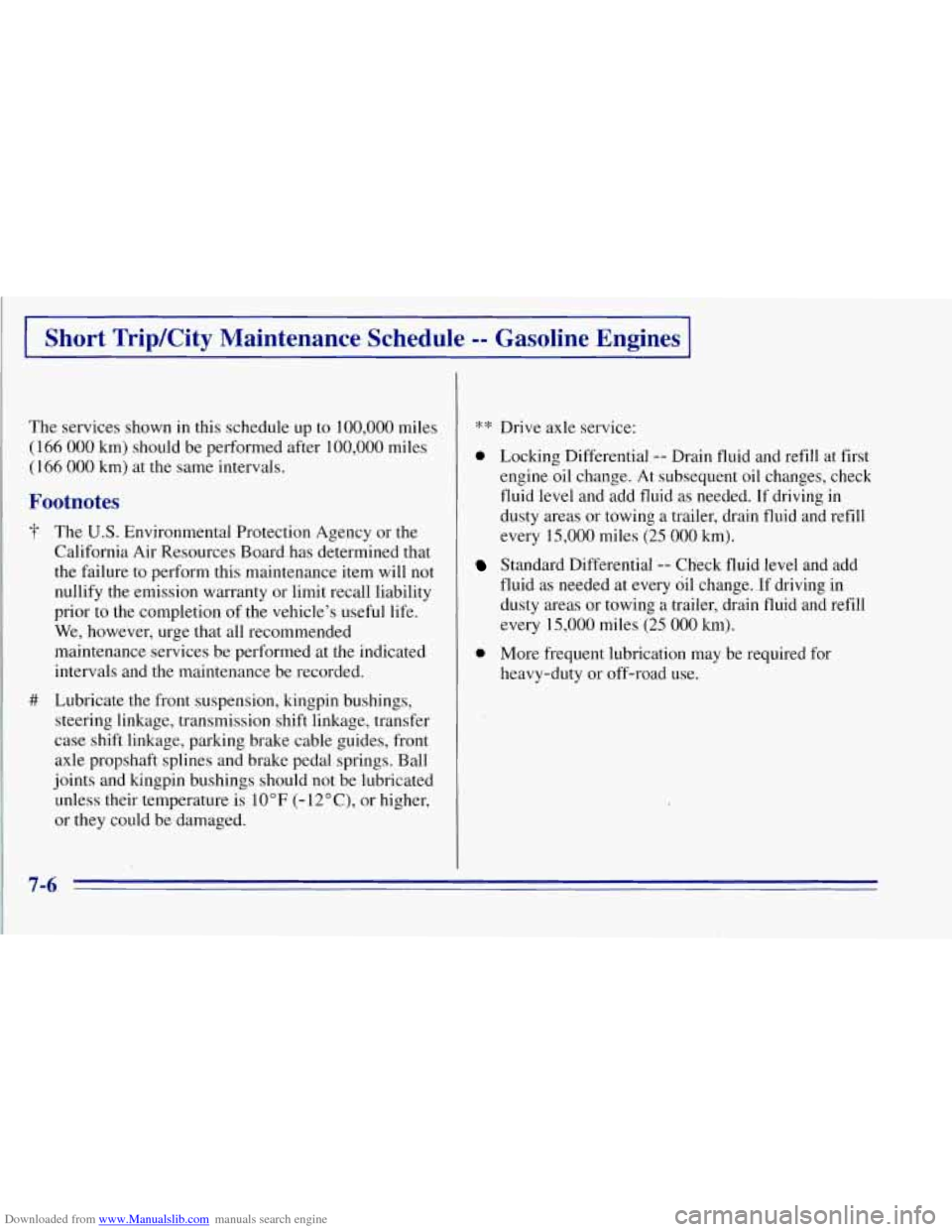 CHEVROLET TAHOE 1996 1.G Owners Manual Downloaded from www.Manualslib.com manuals search engine I Short Trip/City Maintenance Schedule -- Gasoline Engines
The services shown in this schedule up to 100,000 miles
( 166 000 km) should be CHEVROLET TAHOE 1996 1.G Owners Manual Downloaded from www.Manualslib.com manuals search engine I Short Trip/City Maintenance Schedule -- Gasoline Engines
The services shown in this schedule up to 100,000 miles
( 166 000 km) should be