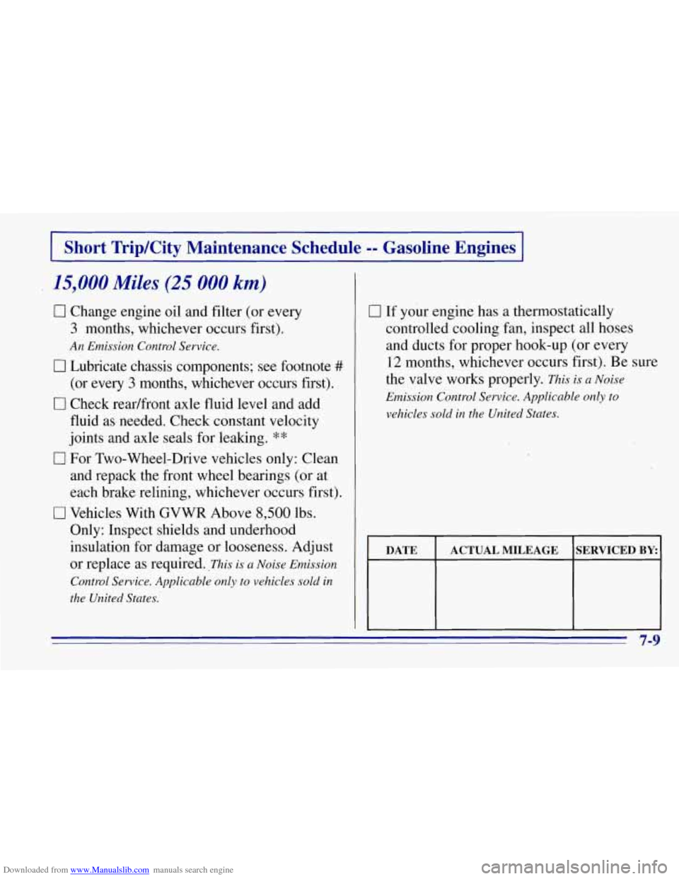 CHEVROLET TAHOE 1996 1.G Owners Manual Downloaded from www.Manualslib.com manuals search engine I Short TripKity Maintenance Schedule -- Gasoline Engines I
15,000 Miles (25 000 km)
0 Change engine oil and filter (or every
3 mon CHEVROLET TAHOE 1996 1.G Owners Manual Downloaded from www.Manualslib.com manuals search engine I Short TripKity Maintenance Schedule -- Gasoline Engines I
15,000 Miles (25 000 km)
0 Change engine oil and filter (or every
3 mon