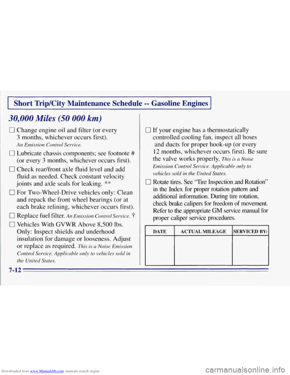 CHEVROLET TAHOE 1996 1.G Owners Manual Downloaded from www.Manualslib.com manuals search engine I Short Trip/City Maintenance Schedule -- Gasoline Engines 1
30,000 Miles (50 000 km)
0 Change engine oil and filter (or every
3 month CHEVROLET TAHOE 1996 1.G Owners Manual Downloaded from www.Manualslib.com manuals search engine I Short Trip/City Maintenance Schedule -- Gasoline Engines 1
30,000 Miles (50 000 km)
0 Change engine oil and filter (or every
3 month