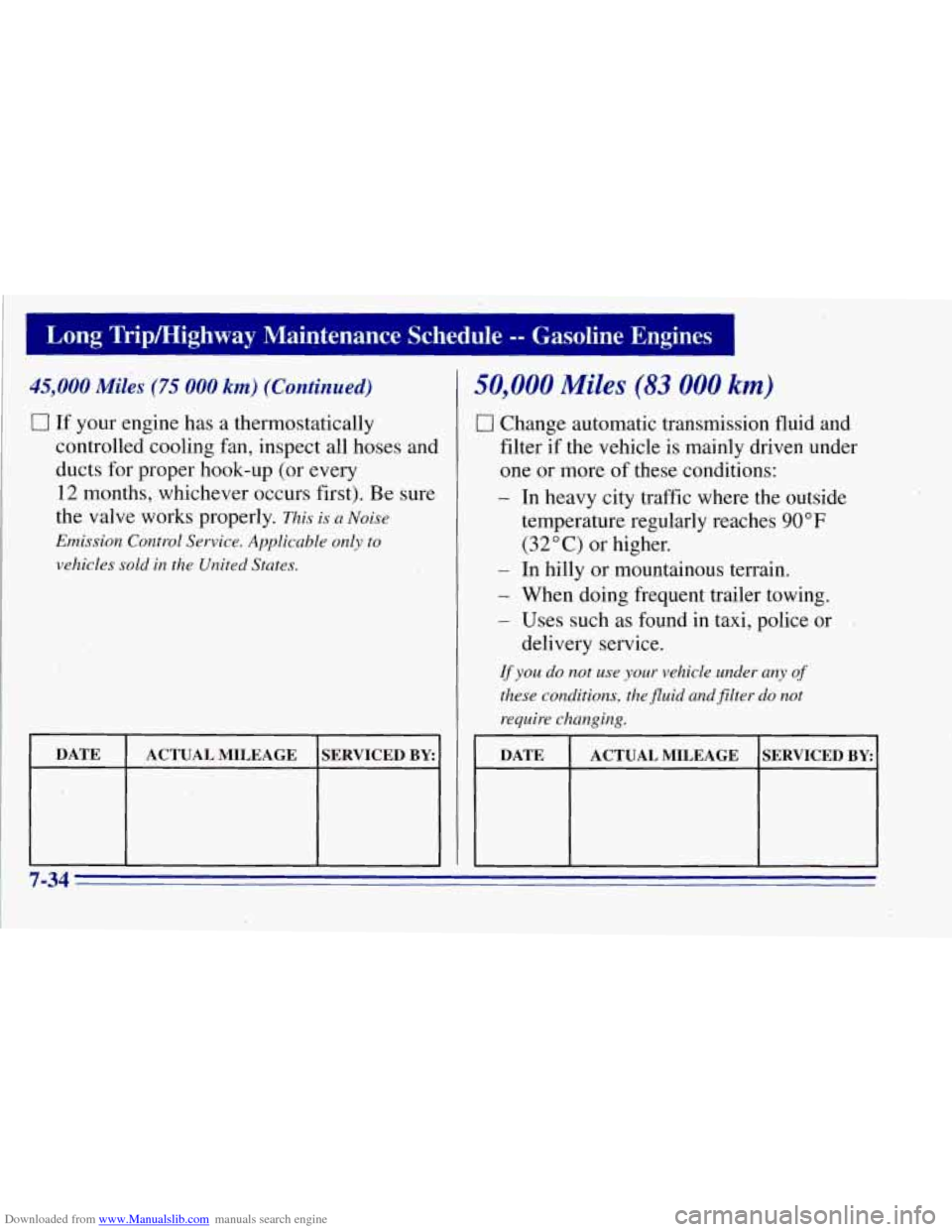 CHEVROLET TAHOE 1996 1.G Owners Manual Downloaded from www.Manualslib.com manuals search engine I 
I Long TriplHighway  Maintenance Schedule -- Gasoline Engines 1 ~~ 
45,000 Miles (75 000 knz) (Continued) 
0 If your  engine has  a thermost