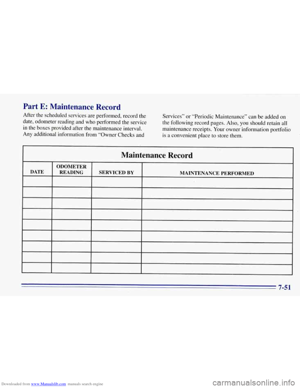 CHEVROLET TAHOE 1996 1.G Owners Manual Downloaded from www.Manualslib.com manuals search engine Part E: Maintenance  Record 
After  the scheduled services  are performed, record the 
date, odometer  reading and who performed 
the service 
