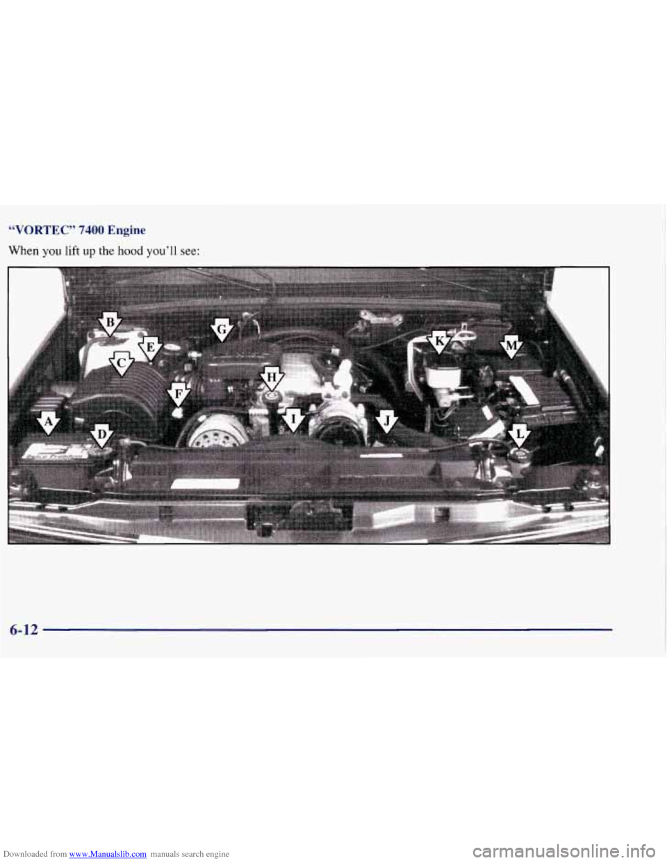 CHEVROLET TAHOE 1997 1.G Owners Manual Downloaded from www.Manualslib.com manuals search engine “VORTEC” 7400 Engine 
When you lift up the hood you’ 11 see: 
K 
6-12   