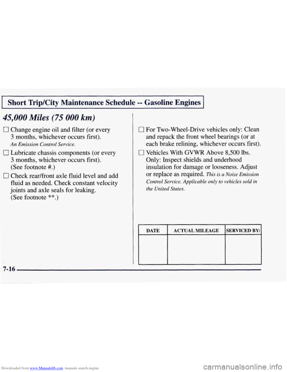 CHEVROLET TAHOE 1997 1.G Owners Manual Downloaded from www.Manualslib.com manuals search engine Short TripKity  Maintenance  Schedule -- Gasoline  Engines 
45,000 Miles (75 000 km) 
0 Change engine oil and filter (or every 
3 months, which