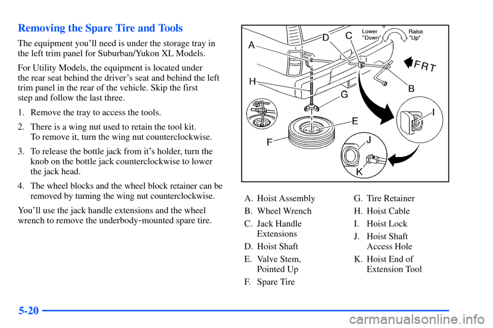 CHEVROLET TAHOE 2000 1.G Owners Manual 5-20 Removing the Spare Tire and Tools
The equipment youll need is under the storage tray in
the left trim panel for Suburban/Yukon XL Models.
For Utility Models, the equipment is located under
the CHEVROLET TAHOE 2000 1.G Owners Manual 5-20 Removing the Spare Tire and Tools
The equipment youll need is under the storage tray in
the left trim panel for Suburban/Yukon XL Models.
For Utility Models, the equipment is located under
the