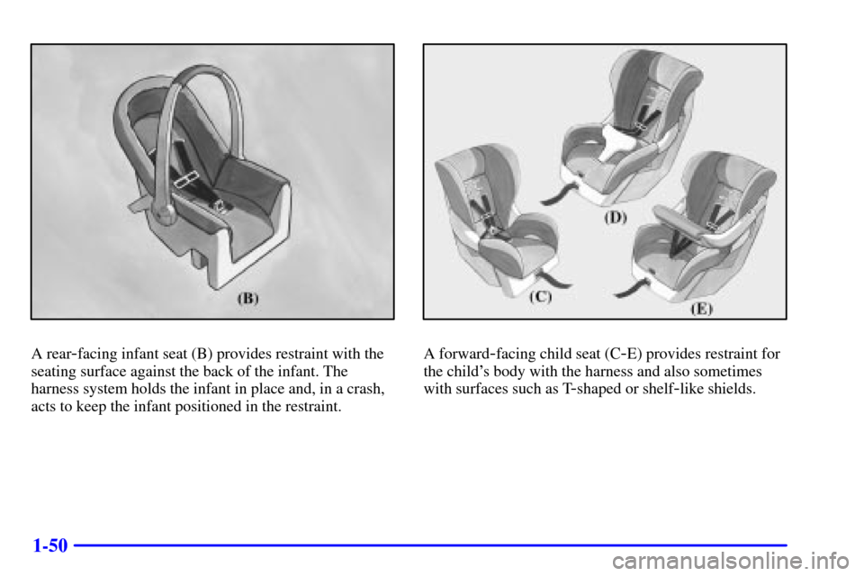 CHEVROLET TAHOE 2001 2.G Owners Manual 1-50
A rear-facing infant seat (B) provides restraint with the
seating surface against the back of the infant. The
harness system holds the infant in place and, in a crash,
acts to keep the infant pos