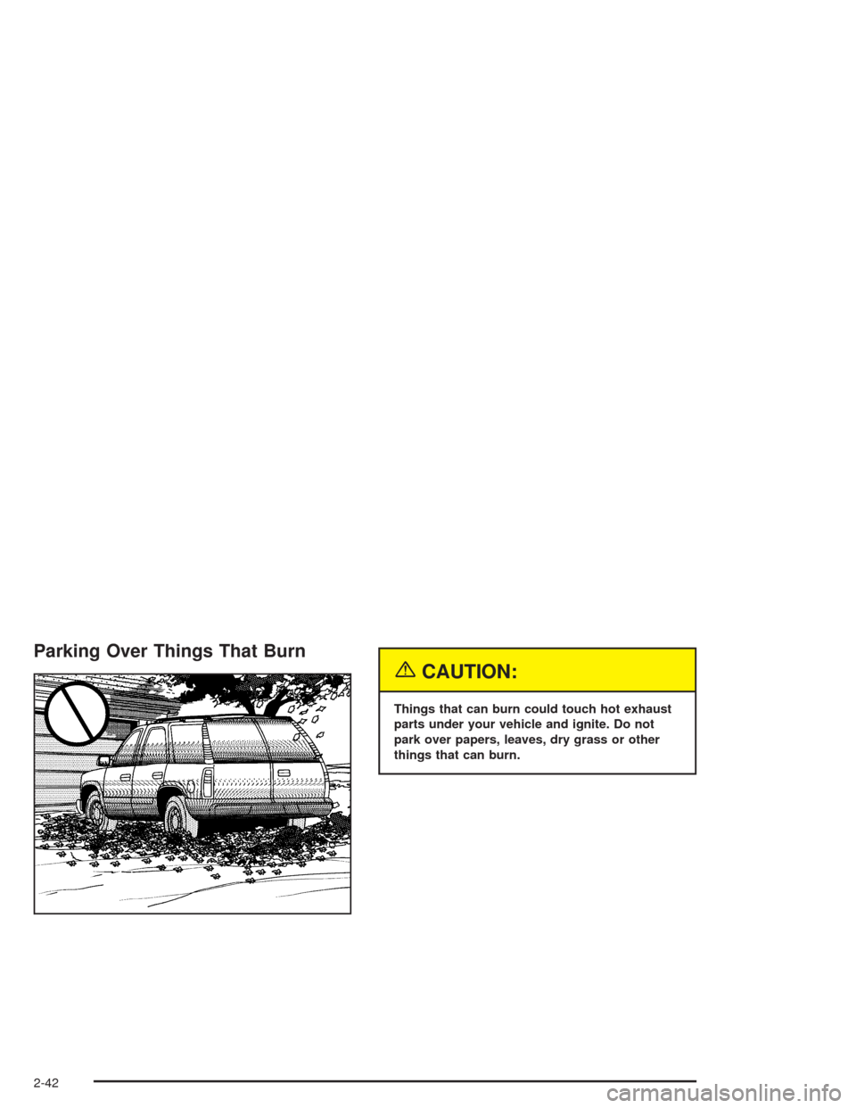 CHEVROLET TAHOE 2004 2.G Owners Manual Parking Over Things That Burn
{CAUTION:
Things that can burn could touch hot exhaust
parts under your vehicle and ignite. Do not
park over papers, leaves, dry grass or other
things that can burn.
2-42