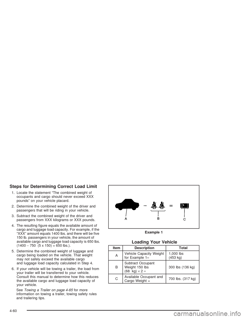 CHEVROLET TAHOE 2004 2.G Owners Manual Steps for Determining Correct Load Limit
1. Locate the statement “The combined weight of
occupants and cargo should never exceed XXX
pounds” on your vehicle placard.
2. Determine the combined weig CHEVROLET TAHOE 2004 2.G Owners Manual Steps for Determining Correct Load Limit
1. Locate the statement “The combined weight of
occupants and cargo should never exceed XXX
pounds” on your vehicle placard.
2. Determine the combined weig