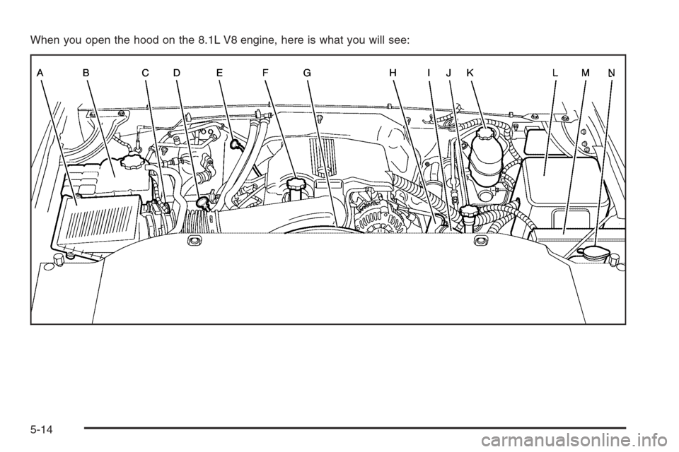 CHEVROLET TAHOE 2006 2.G Owners Manual When you open the hood on the 8.1L V8 engine, here is what you will see:
5-14 