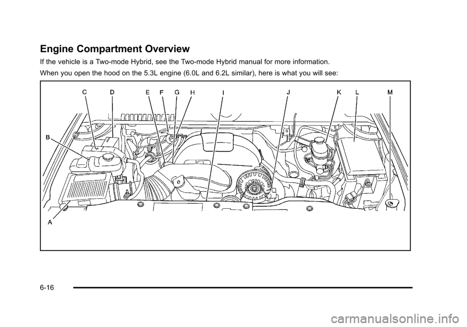 CHEVROLET TAHOE 2010 3.G Owners Manual Engine Compartment Overview
If the vehicle is a Two-mode Hybrid, see the Two-mode Hybrid manual for more information.
When you open the hood on the 5.3L engine (6.0L and 6.2L similar), here is what yo