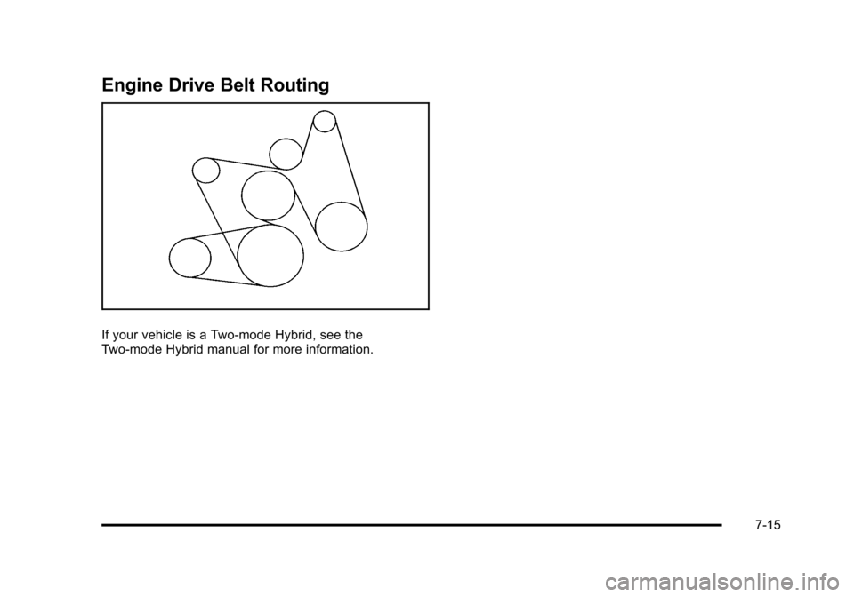 CHEVROLET TAHOE 2010 3.G Owners Manual Engine Drive Belt Routing
If your vehicle is a Two-mode Hybrid, see the
Two-mode Hybrid manual for more information.
7-15 