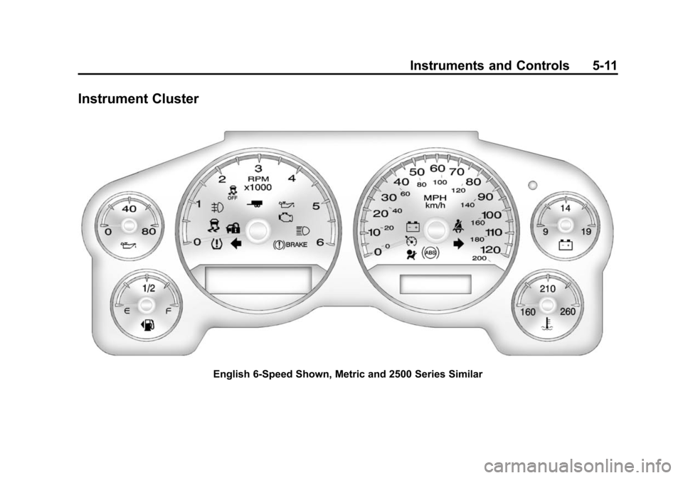 CHEVROLET TAHOE 2014 3.G Owners Manual (11,1)Chevrolet Tahoe/Suburban Owner Manual (GMNA-Localizing-U.S./Canada/
Mexico-6081502) - 2014 - crc2 - 9/17/13
Instruments and Controls 5-11
Instrument Cluster
English 6-Speed Shown, Metric and 250