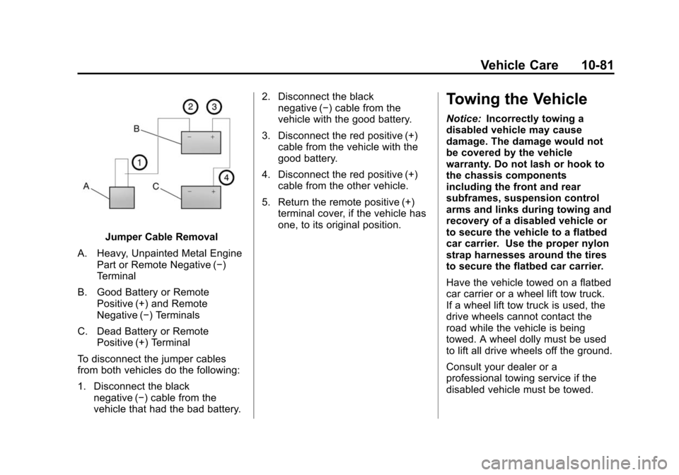 CHEVROLET TAHOE 2014 3.G Owners Manual (81,1)Chevrolet Tahoe/Suburban Owner Manual (GMNA-Localizing-U.S./Canada/
Mexico-6081502) - 2014 - crc2 - 9/17/13
Vehicle Care 10-81
Jumper Cable Removal
A. Heavy, Unpainted Metal Engine Part or Remot