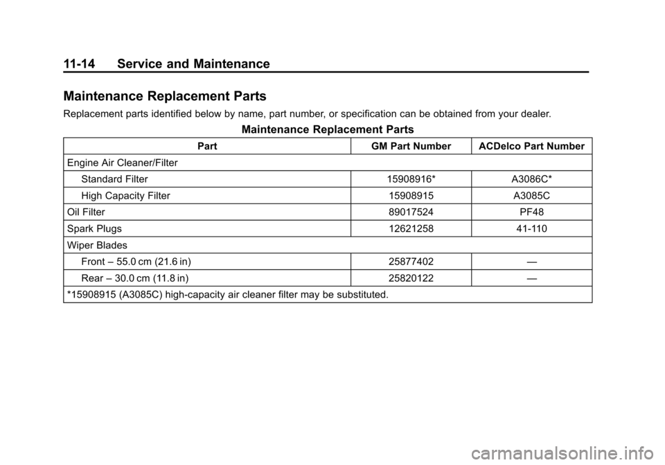 CHEVROLET TAHOE 2014 3.G Owners Manual (14,1)Chevrolet Tahoe/Suburban Owner Manual (GMNA-Localizing-U.S./Canada/
Mexico-6081502) - 2014 - crc2 - 9/17/13
11-14 Service and Maintenance
Maintenance Replacement Parts
Replacement parts identifi