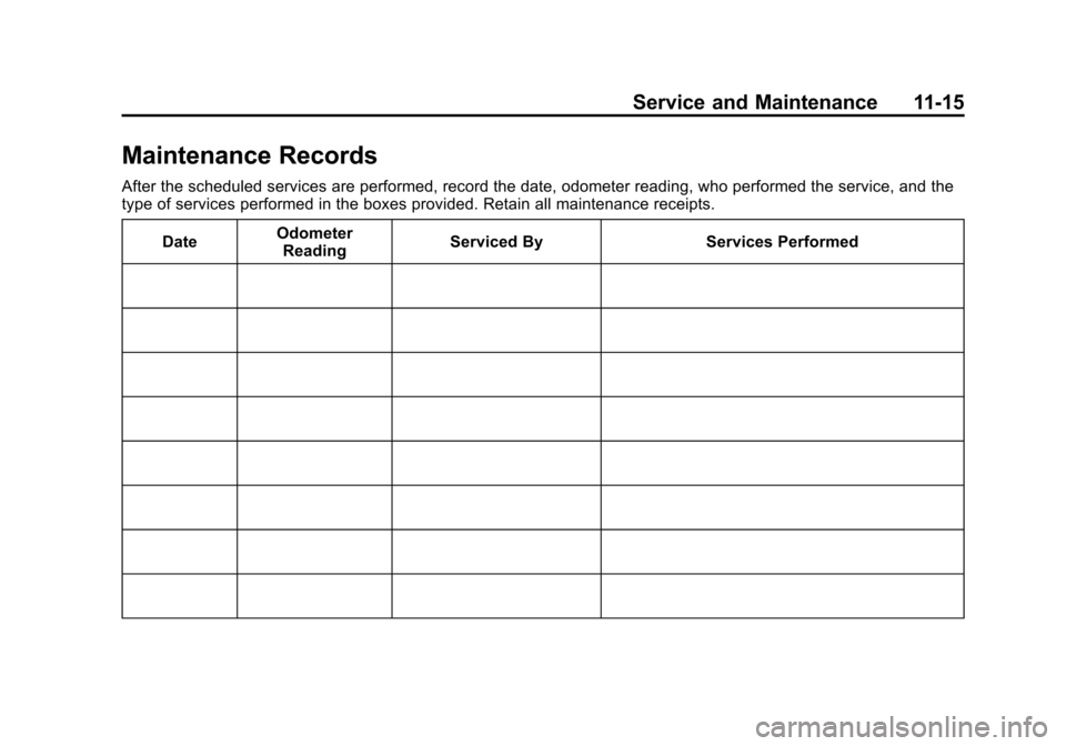 CHEVROLET TAHOE 2014 3.G Owners Manual (15,1)Chevrolet Tahoe/Suburban Owner Manual (GMNA-Localizing-U.S./Canada/
Mexico-6081502) - 2014 - crc2 - 9/17/13
Service and Maintenance 11-15
Maintenance Records
After the scheduled services are per