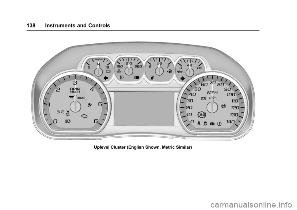 CHEVROLET TAHOE 2016 4.G Owners Manual Chevrolet Tahoe/Suburban Owner Manual (GMNA-Localizing-U.S./Canada/
Mexico-9159366) - 2016 - crc - 5/20/15
138 Instruments and Controls
Uplevel Cluster (English Shown, Metric Similar) 
