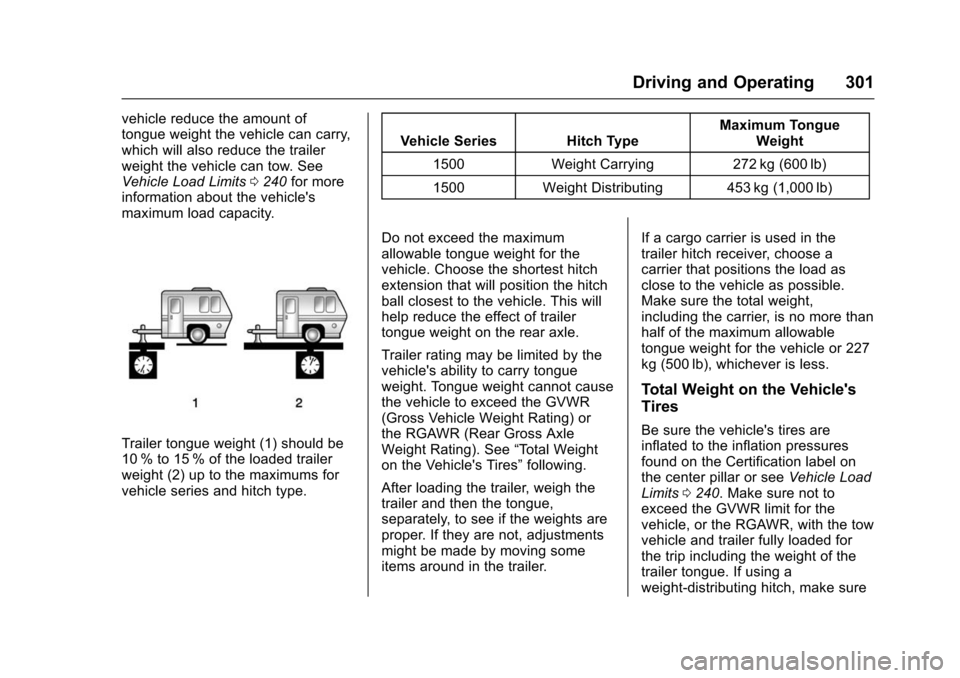 CHEVROLET TAHOE 2016 4.G Owners Manual Chevrolet Tahoe/Suburban Owner Manual (GMNA-Localizing-U.S./Canada/
Mexico-9159366) - 2016 - crc - 5/20/15
Driving and Operating 301
vehicle reduce the amount of
tongue weight the vehicle can carry,
w