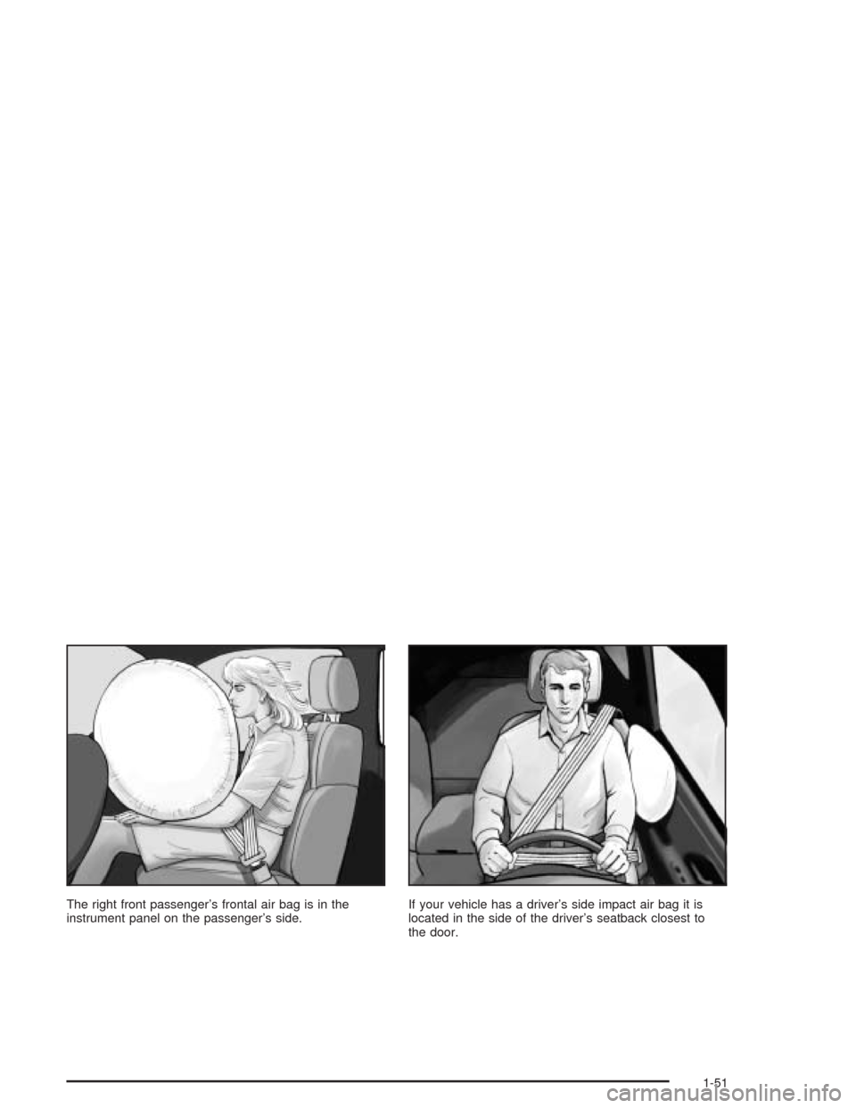 CHEVROLET TRAIL BLAZER 2004 1.G Owners Manual The right front passenger’s frontal air bag is in the
instrument panel on the passenger’s side.If your vehicle has a driver’s side impact air bag it is
located in the side of the driver’s seat