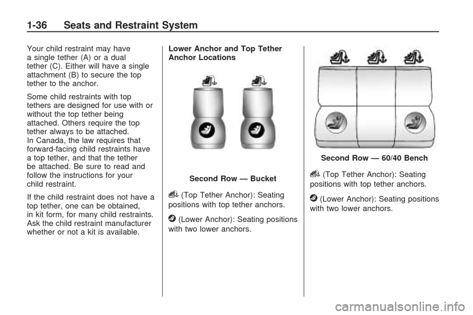 CHEVROLET TRAVERSE 2009 1.G Owners Manual Your child restraint may have
a single tether (A) or a dual
tether (C). Either will have a single
attachment (B) to secure the top
tether to the anchor.
Some child restraints with top
tethers are desi