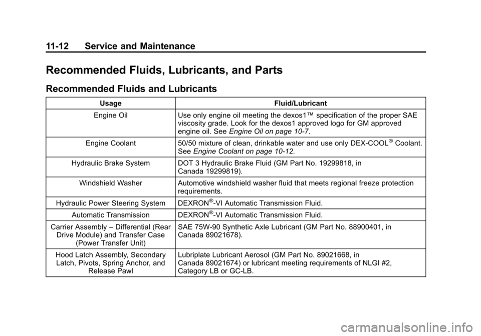 CHEVROLET TRAVERSE 2015 1.G Owners Manual Black plate (12,1)Chevrolet Traverse Owner Manual (GMNA-Localizing-U.S./Canada/Mexico-
7576032) - 2015 - CRC - 8/19/14
11-12 Service and Maintenance
Recommended Fluids, Lubricants, and Parts
Recommend