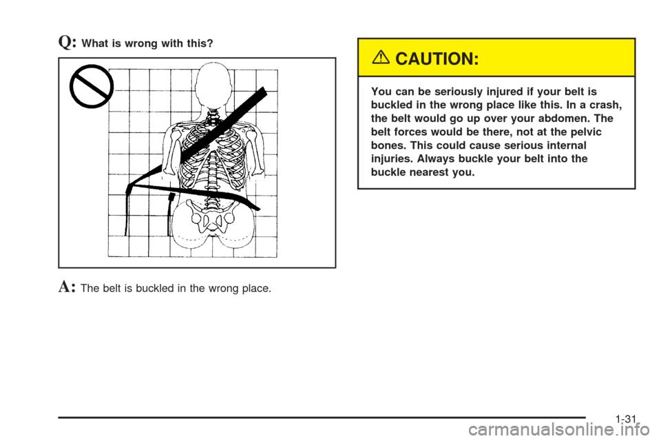 CHEVROLET UPLANDER 2005 1.G Owners Manual Q:What is wrong with this?
A:The belt is buckled in the wrong place.
{CAUTION:
You can be seriously injured if your belt is
buckled in the wrong place like this. In a crash,
the belt would go up over 