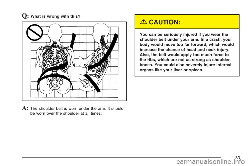 CHEVROLET UPLANDER 2005 1.G Owners Manual Q:What is wrong with this?
A:The shoulder belt is worn under the arm. It should
be worn over the shoulder at all times.
{CAUTION:
You can be seriously injured if you wear the
shoulder belt under your 