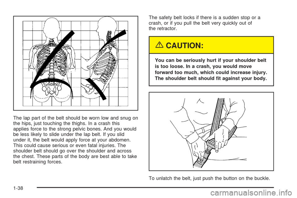 CHEVROLET UPLANDER 2005 1.G Owners Manual The lap part of the belt should be worn low and snug on
the hips, just touching the thighs. In a crash this
applies force to the strong pelvic bones. And you would
be less likely to slide under the la