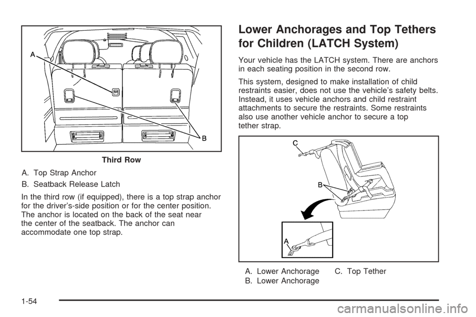 CHEVROLET UPLANDER 2005 1.G Owners Manual A. Top Strap Anchor
B. Seatback Release Latch
In the third row (if equipped), there is a top strap anchor
for the driver’s-side position or for the center position.
The anchor is located on the back