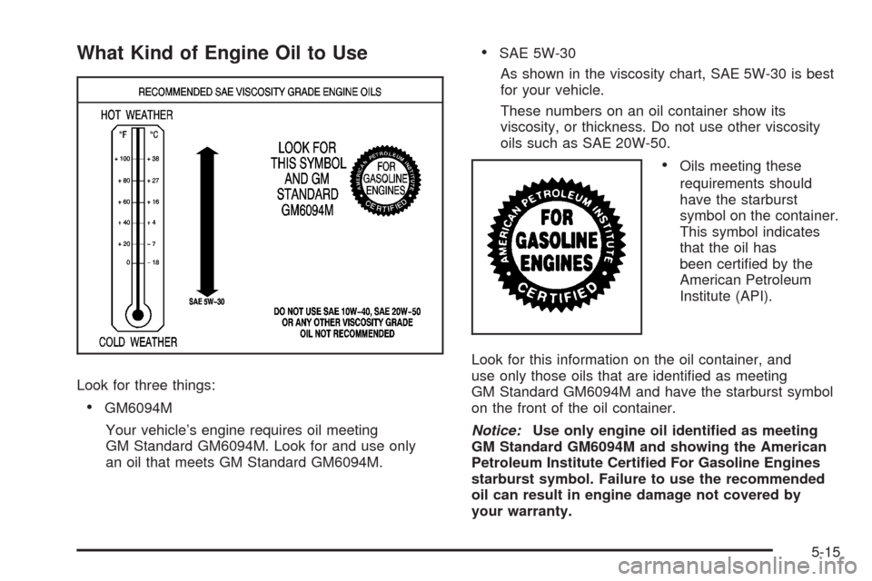 CHEVROLET UPLANDER 2008 1.G Owners Manual What Kind of Engine Oil to Use
Look for three things:
GM6094M
Your vehicle’s engine requires oil meeting
GM Standard GM6094M. Look for and use only
an oil that meets GM Standard GM6094M.
SAE 5W-30
A