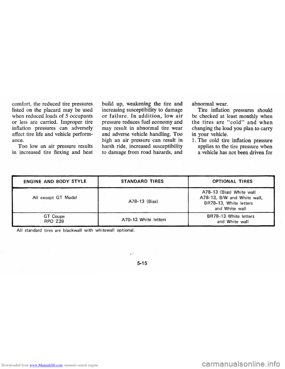 CHEVROLET VEGA 1976 1.G Owners Manual Downloaded from www.Manualslib.com manuals search engine comfort, the reduced tire pressures
listed on the placard may
be used
when reduced loads of 5 occupants
or less are carried. Impro CHEVROLET VEGA 1976 1.G Owners Manual Downloaded from www.Manualslib.com manuals search engine comfort, the reduced tire pressures
listed on the placard may
be used
when reduced loads of 5 occupants
or less are carried. Impro