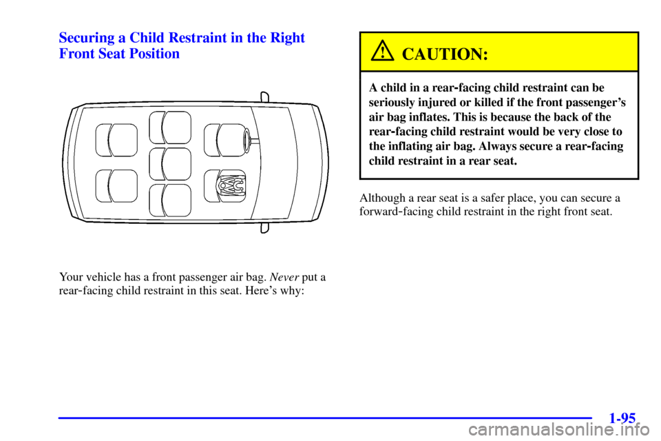 CHEVROLET VENTURE 2002 1.G Owners Manual 1-95
Securing a Child Restraint in the Right
Front Seat Position
Your vehicle has a front passenger air bag. Never put a
rear
-facing child restraint in this seat. Heres why:
CAUTION:
A child in a re