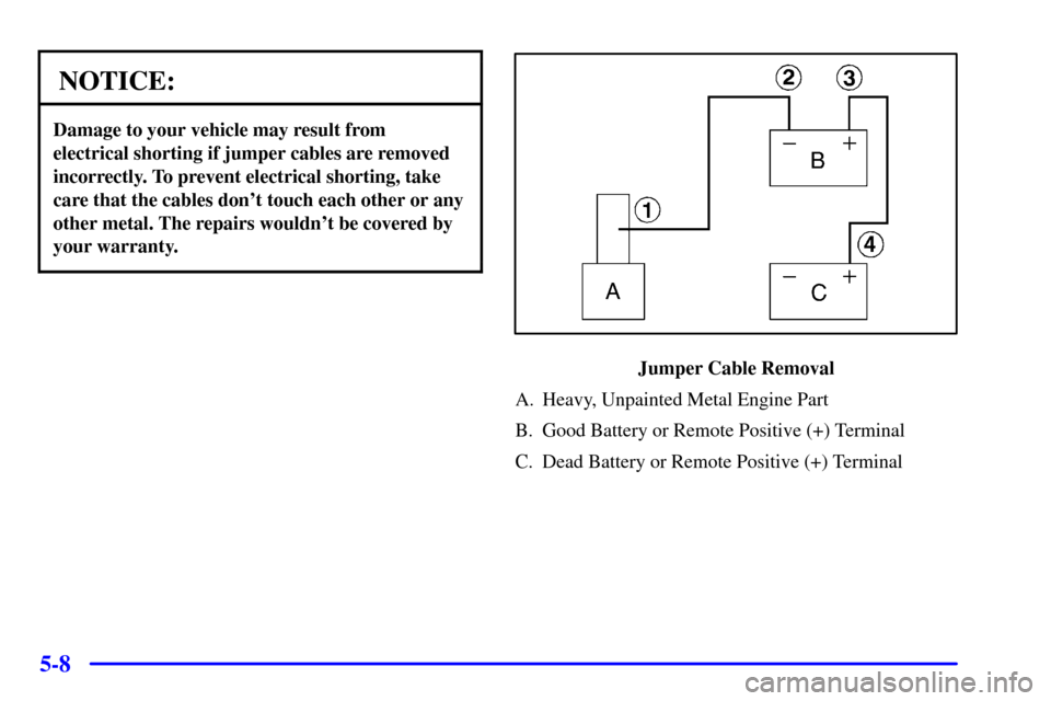 CHEVROLET VENTURE 2002 1.G Owners Manual 5-8
NOTICE:
Damage to your vehicle may result from
electrical shorting if jumper cables are removed
incorrectly. To prevent electrical shorting, take
care that the cables dont touch each other or any