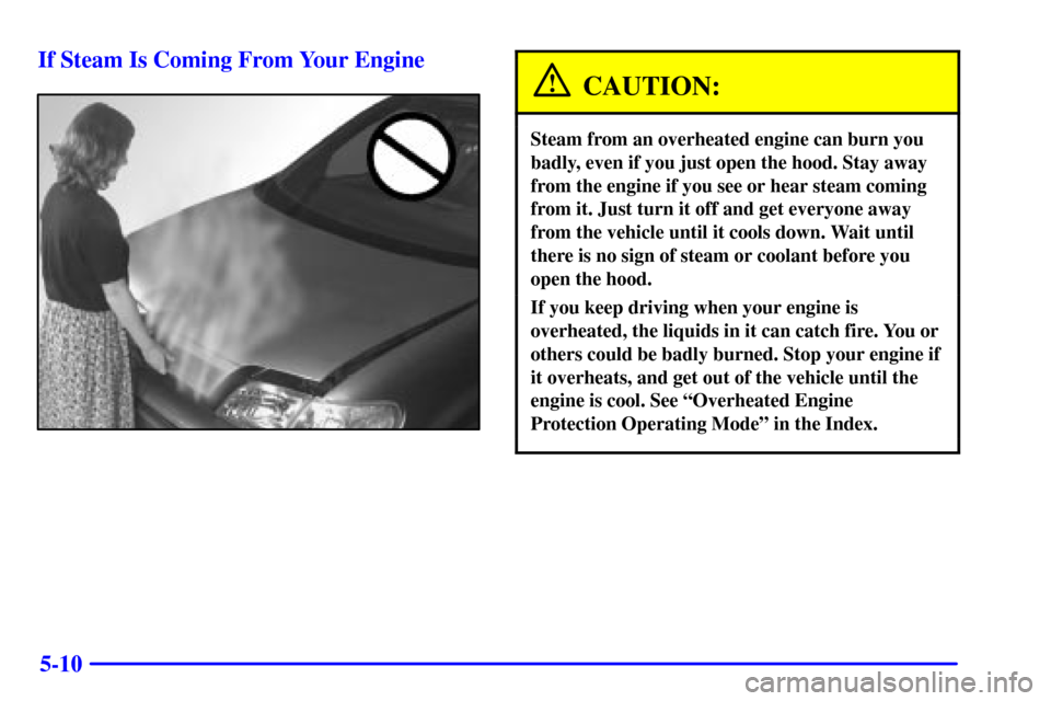 CHEVROLET VENTURE 2002 1.G Owners Manual 5-10 If Steam Is Coming From Your Engine
CAUTION:
Steam from an overheated engine can burn you
badly, even if you just open the hood. Stay away
from the engine if you see or hear steam coming
from it.