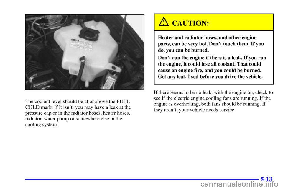 CHEVROLET VENTURE 2002 1.G Owners Manual 5-13
The coolant level should be at or above the FULL
COLD mark. If it isnt, you may have a leak at the
pressure cap or in the radiator hoses, heater hoses,
radiator, water pump or somewhere else in 