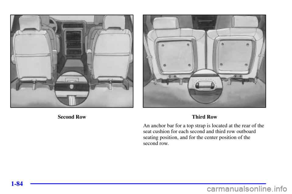 CHEVROLET VENTURE 2002 1.G Owners Manual 1-84
Second RowThird Row
An anchor bar for a top strap is located at the rear of the
seat cushion for each second and third row outboard
seating position, and for the center position of the
second row