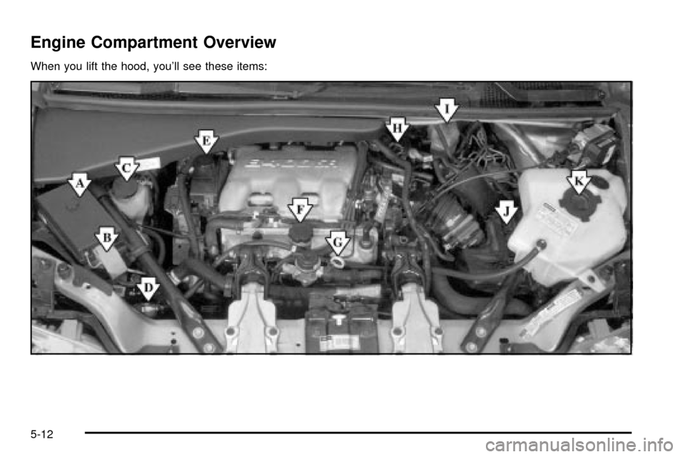 CHEVROLET VENTURE 2003 1.G Owners Manual Engine Compartment Overview
When you lift the hood, youll see these items:
5-12 