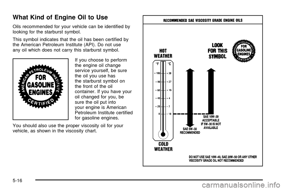 CHEVROLET VENTURE 2003 1.G Owners Manual What Kind of Engine Oil to Use
Oils recommended for your vehicle can be identi®ed by
looking for the starburst symbol.
This symbol indicates that the oil has been certi®ed by
the American Petroleum 