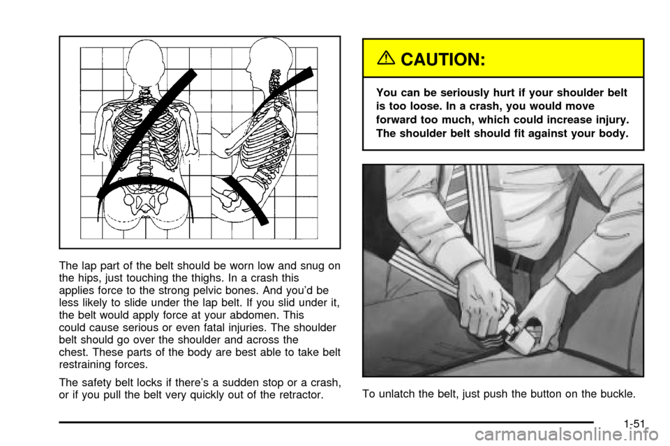 CHEVROLET VENTURE 2003 1.G Owners Manual The lap part of the belt should be worn low and snug on
the hips, just touching the thighs. In a crash this
applies force to the strong pelvic bones. And youd be
less likely to slide under the lap be